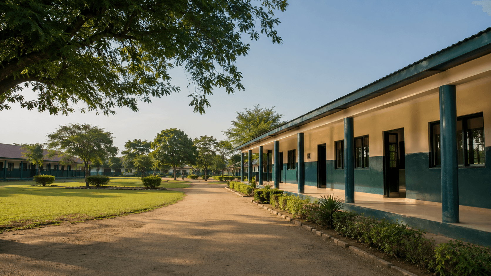 School campus walkway with trees and classroom buildings
