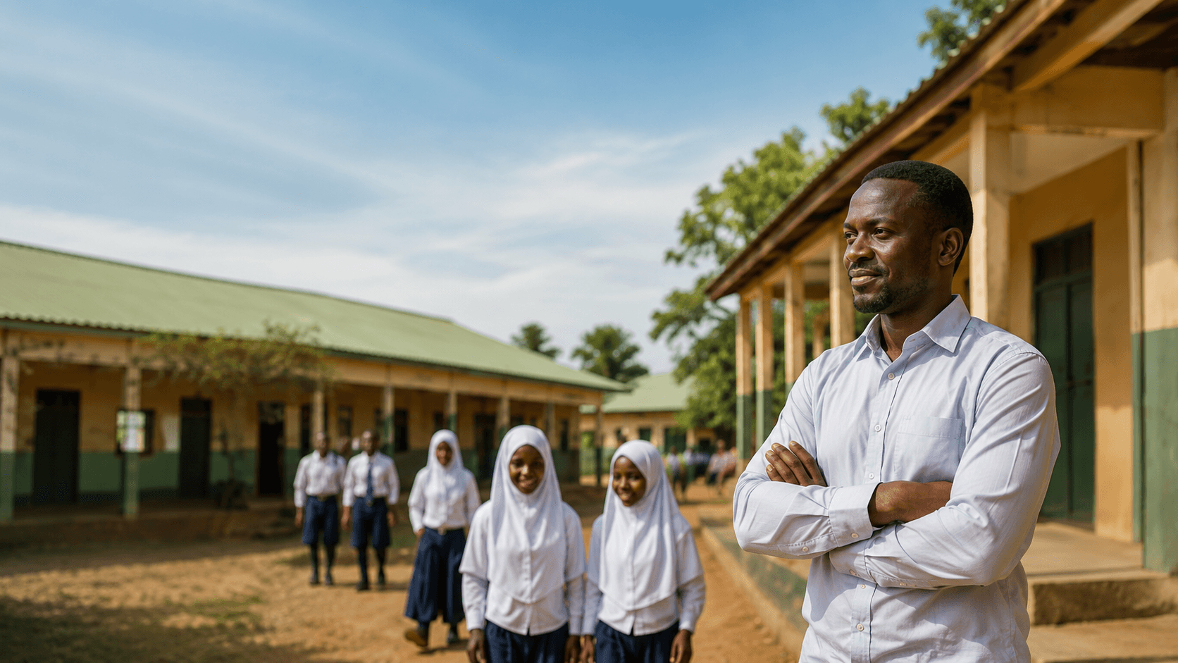Community teacher leading students outside a school building